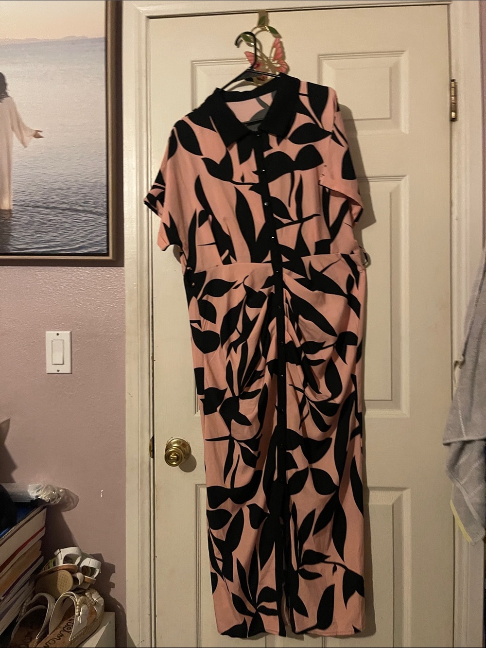 SHEIN Pink and Black Leaf-Print Button Front dress